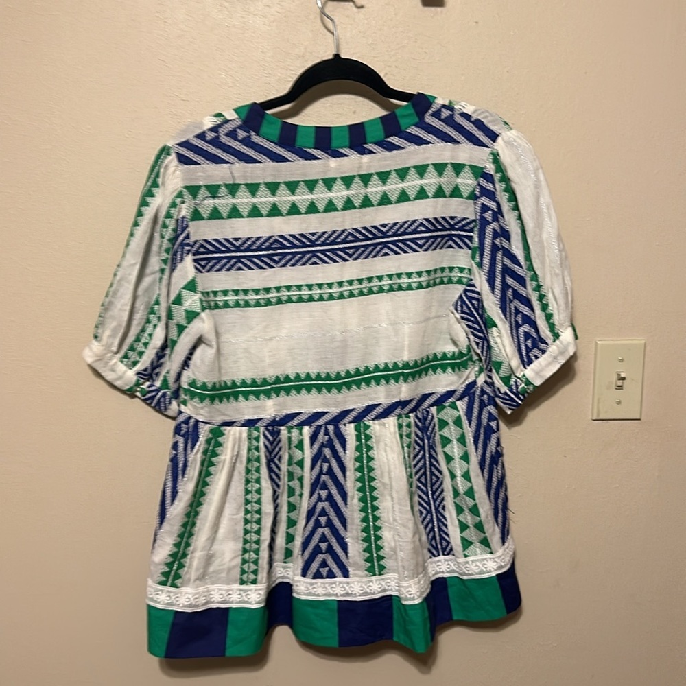 Anthropologie White Top with Blue and Green Geometric Print - Picture 11 of 16